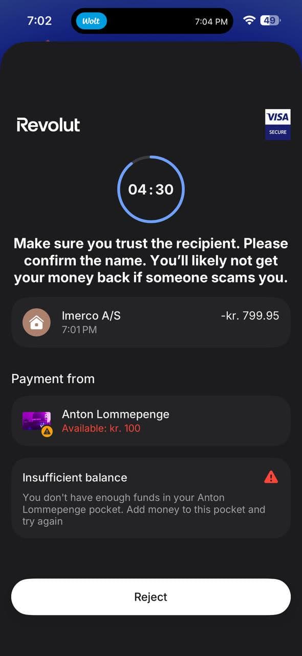 Revolut Visa Secure-skærm for Imerco-købet med Reject-knap og besked om utilstrækkelig saldo