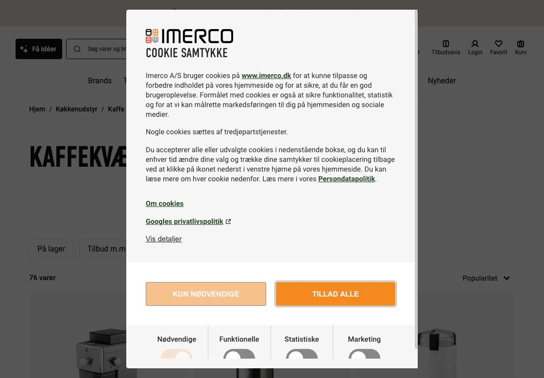 Imerco-kategorisiden med en cookie-dialog, der dækker søgefeltet